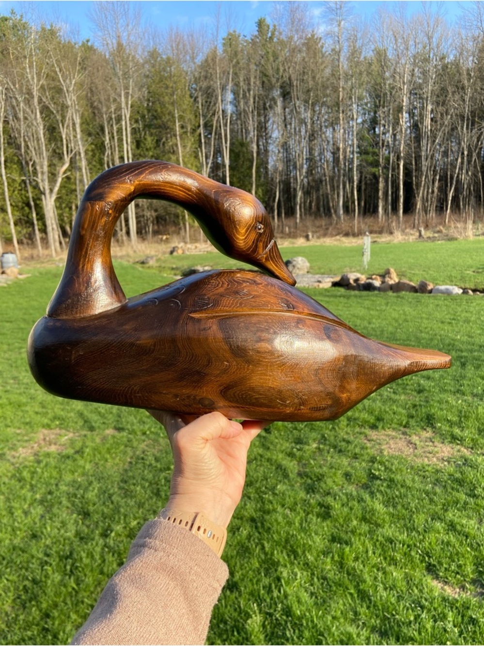 Large Vintage Midcentury Modern Swan Goose Wood Sculpture